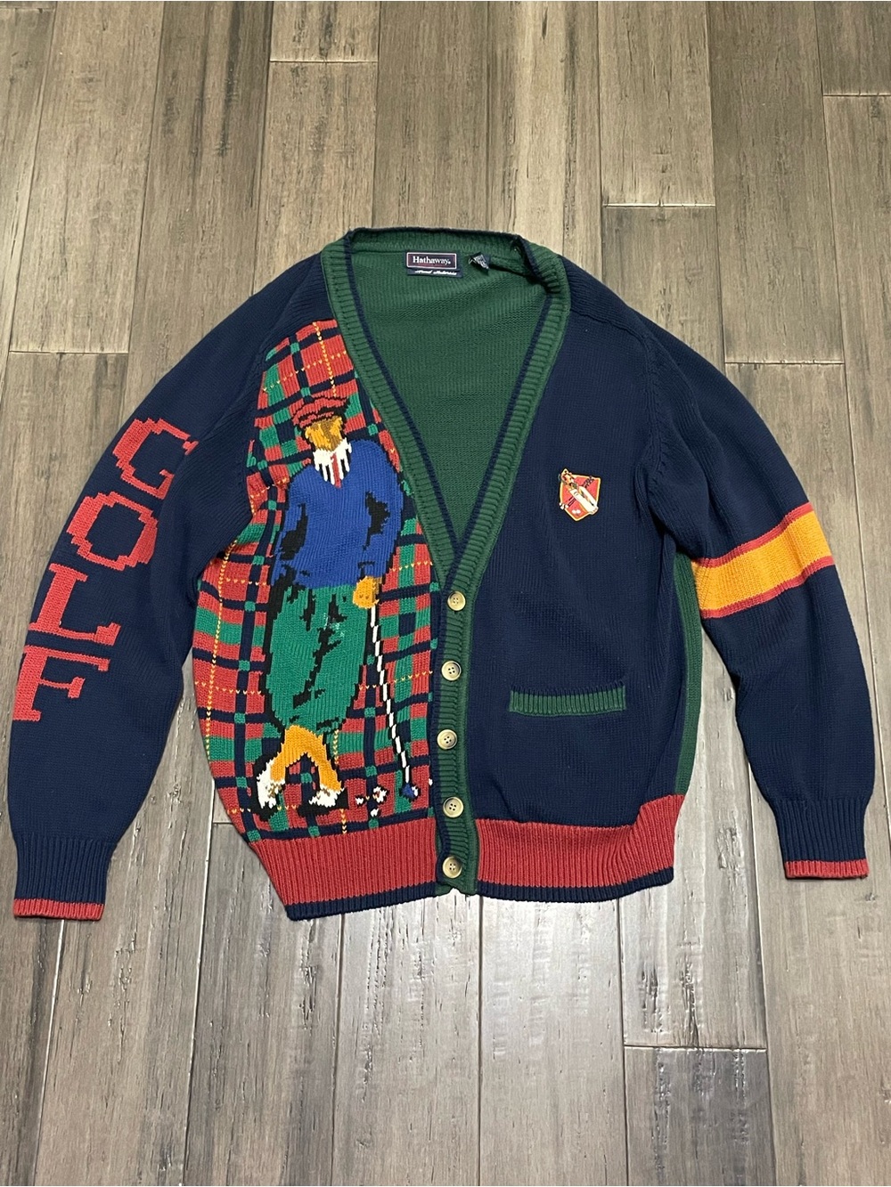 Vintage Hathaway Golf Cardigan Sweater Mens Golfer Graphic Knit Country Club